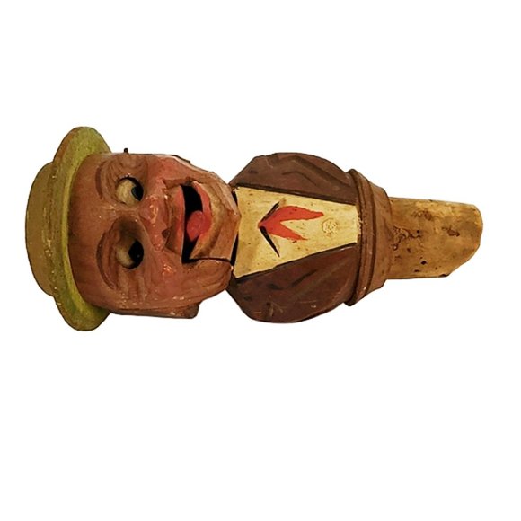 Vintage ANRI Hand Carved Mechanical Wooden Bottle Wine Stopper Hand Painted - Picture 3 of 7